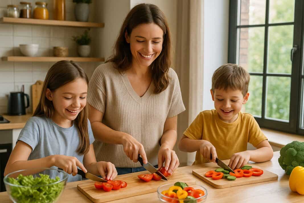 Familienküche mit gesunden Zutaten und Kindern am Werk