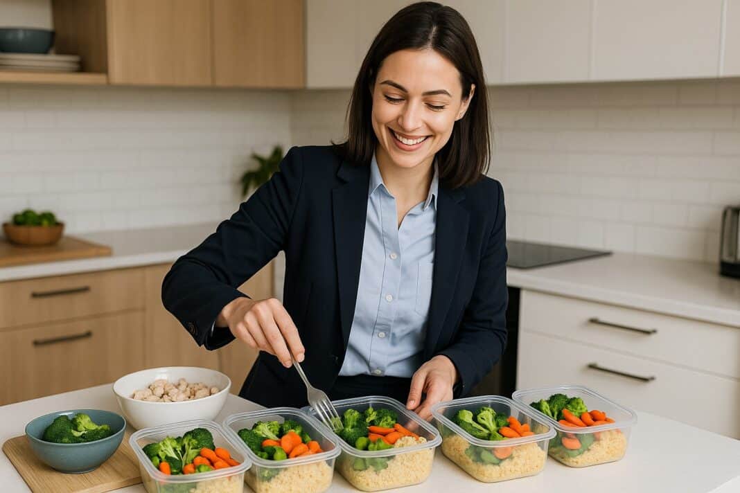 Berufstätige Frau beim Mealprep in moderner Schweizer Küche